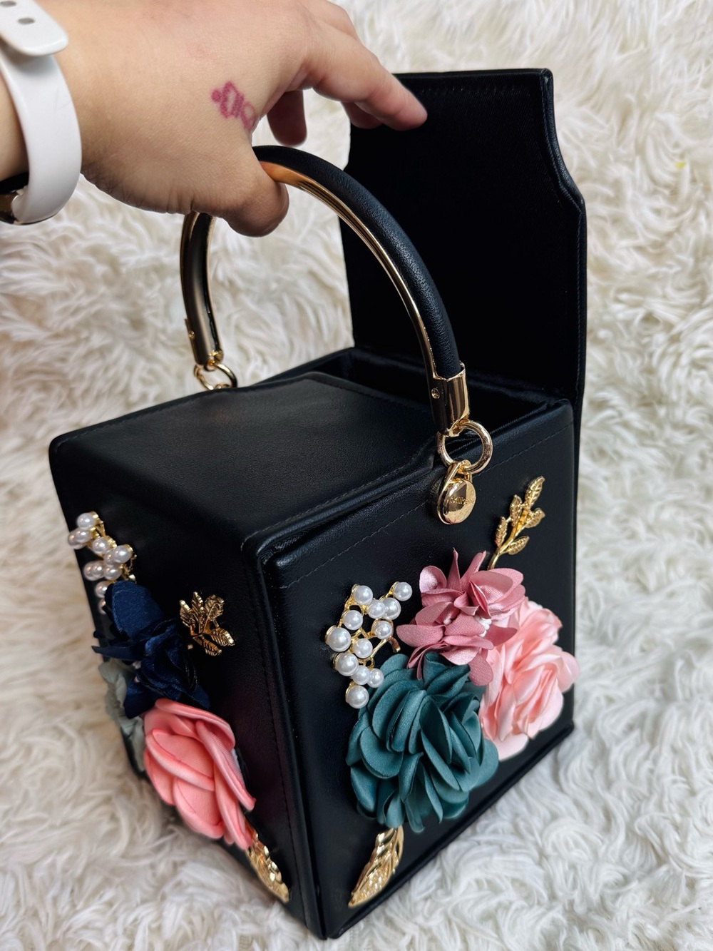 Cube Top Handle Bag with Multicolor Floral Appliqué and Gold Hardware - Picture 7 of 9